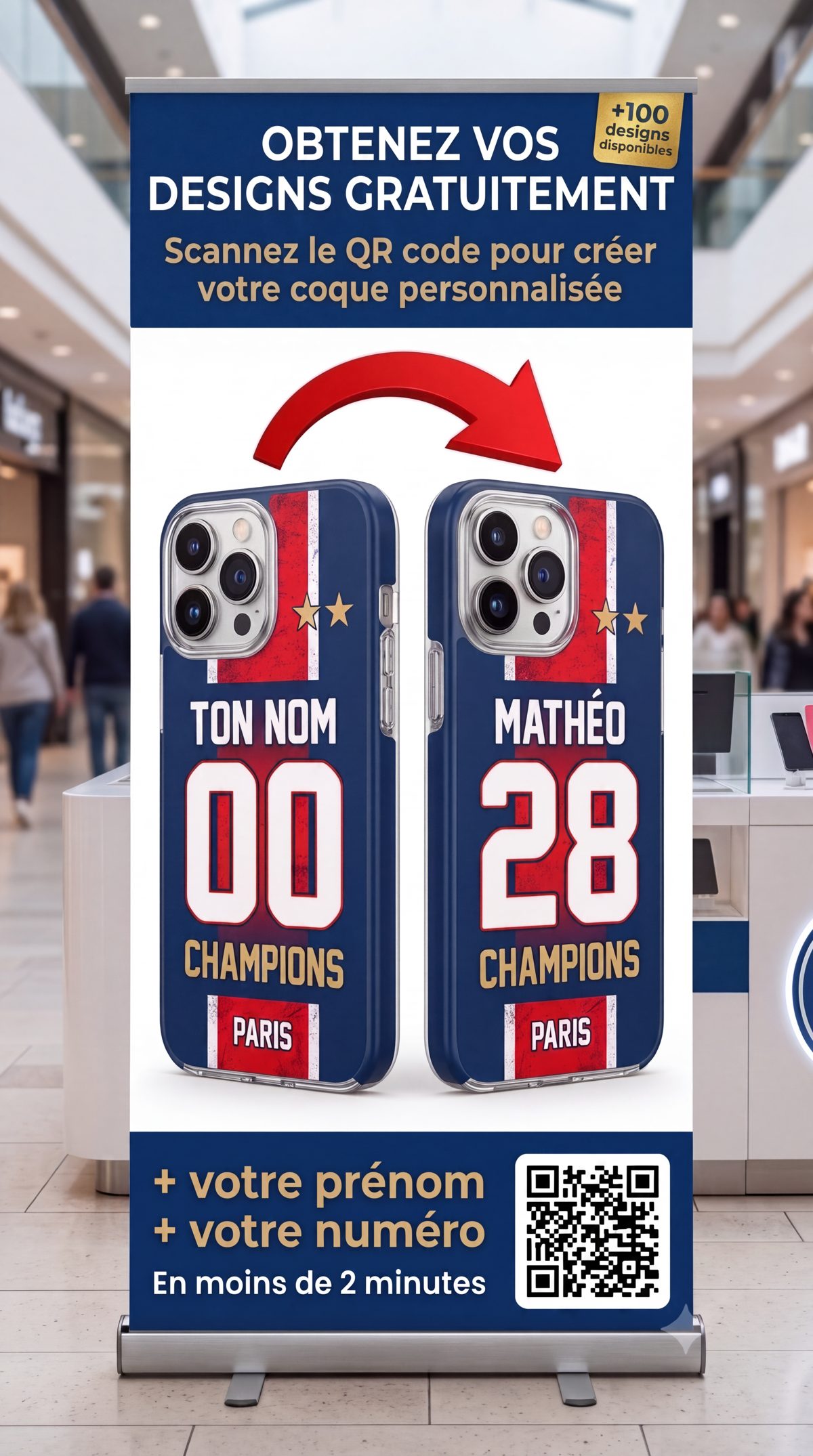 Exemple de kakémono installé en centre commercial, présentant les designs de coques personnalisables disponibles via QR code